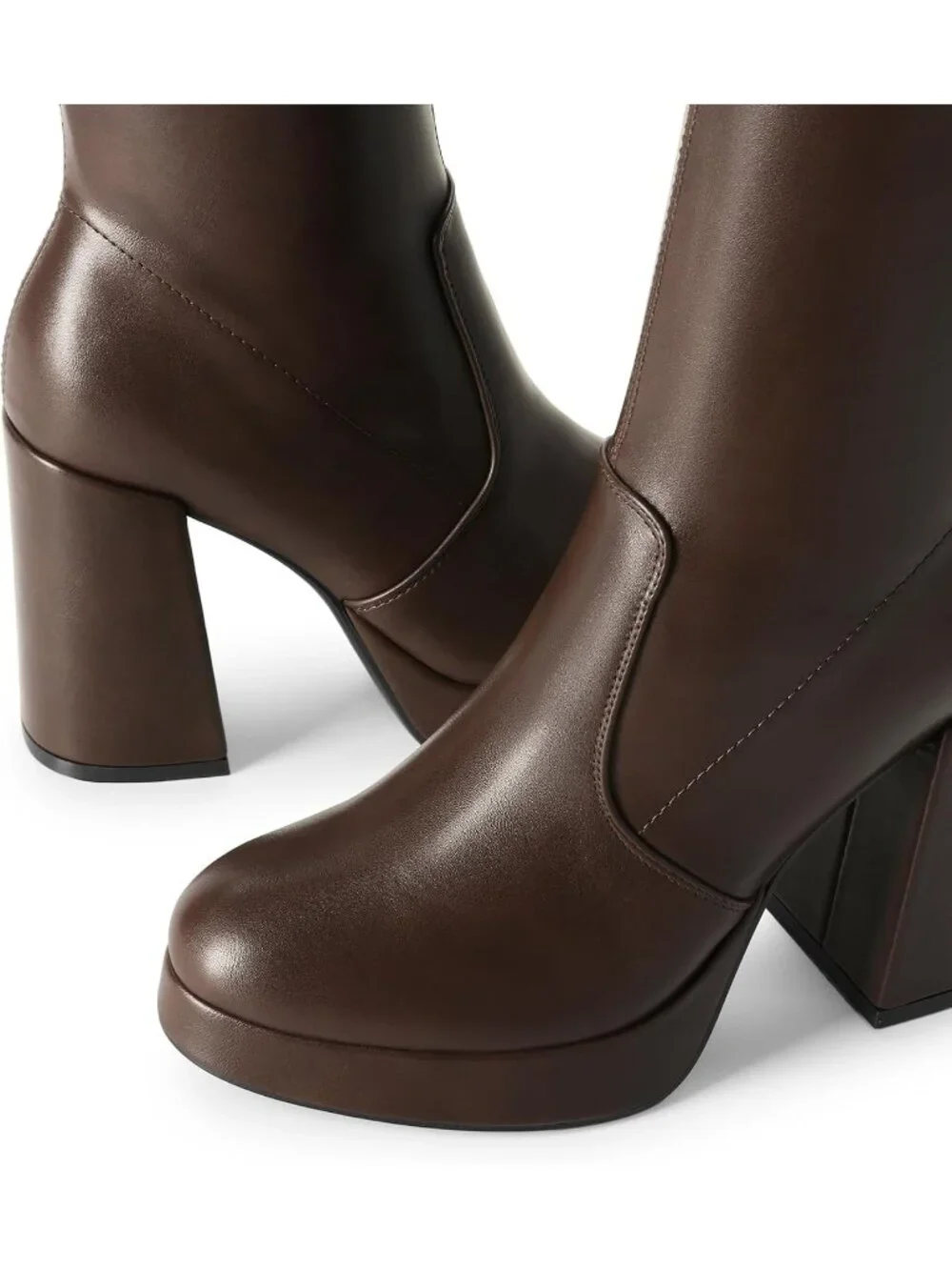 Women's Brown Chunky Platform Heel Round Toe Side Zipper Knee High Boots